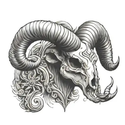 ram skull on chest with long horns that go onto neck tattoo design idea