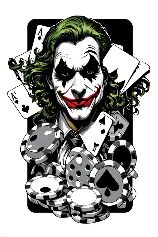 a joker playing cards, surrounded by chips,dice,filigree for background  tattoo design idea