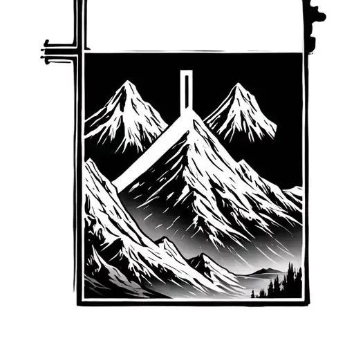 simple Christian cross with mountain range in background tattoo design idea