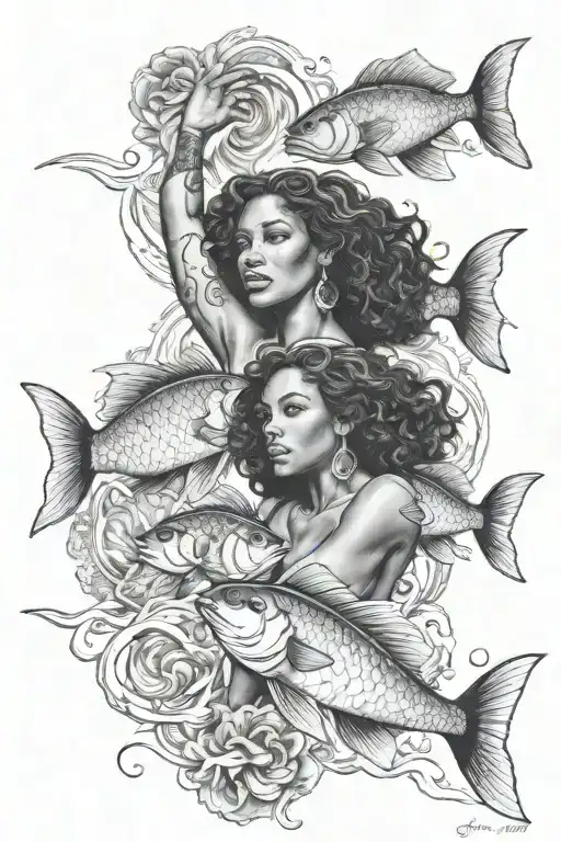 pisces fish swimming with African American woman show strength  tattoo design idea