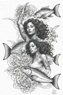 pisces fish swimming with African American woman show strength  tattoo design idea