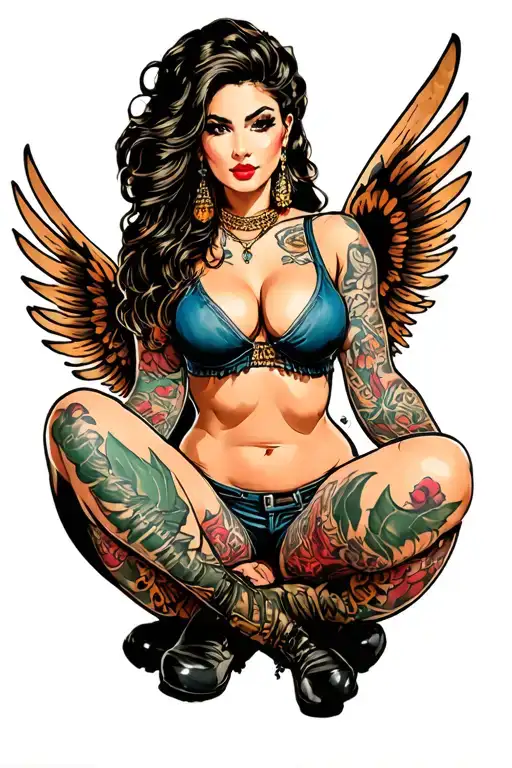Sexy pin up girl, side profile, full body view, sitting, legs crossed, petite, large boobs, Army,  tattoo design idea