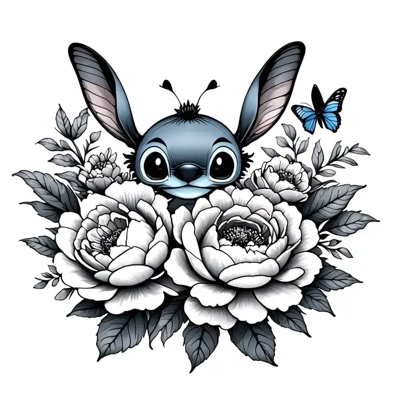 little stitch and peonies and butterfly tattoo design idea