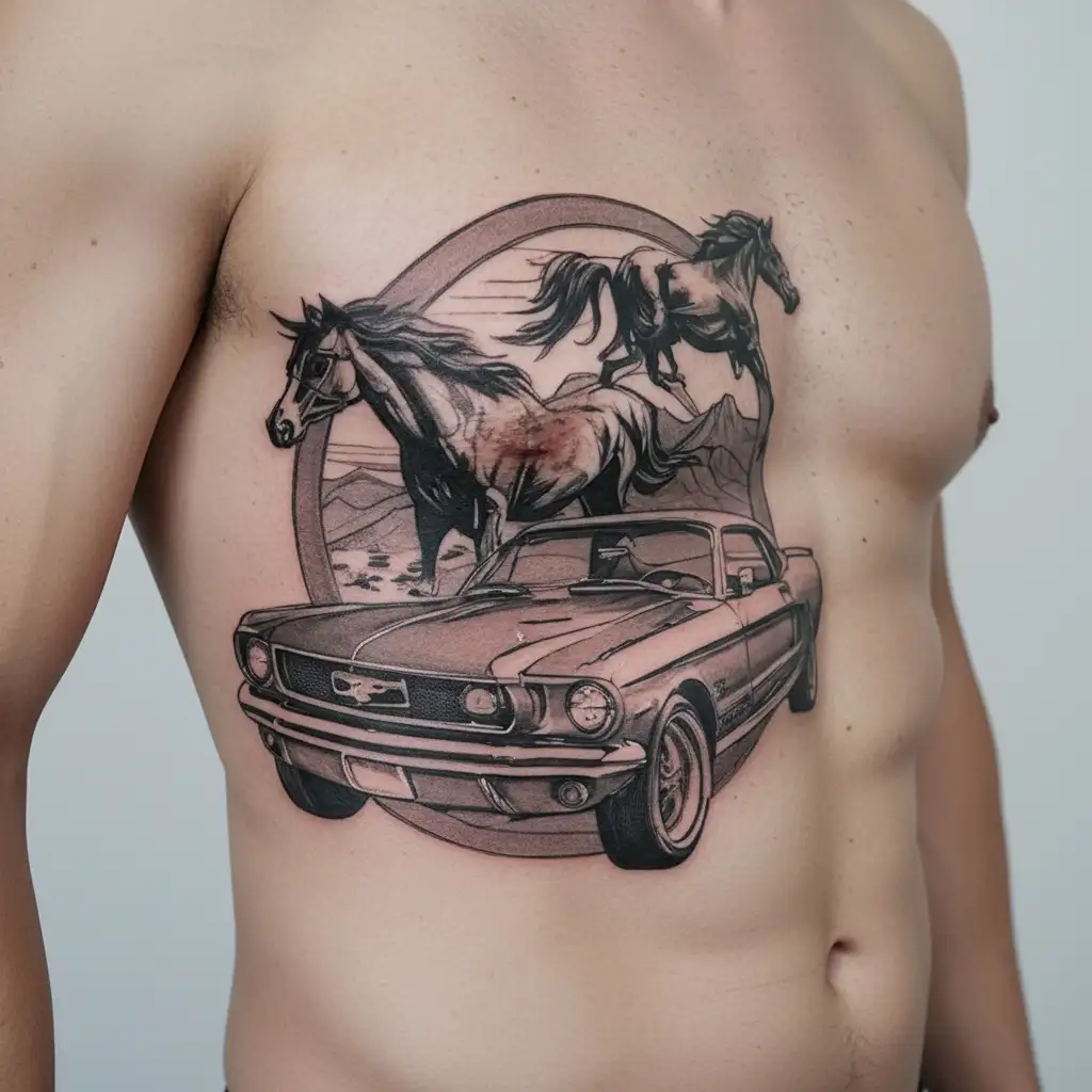 ford mustang driving in the desert movie frame   tattoo design idea