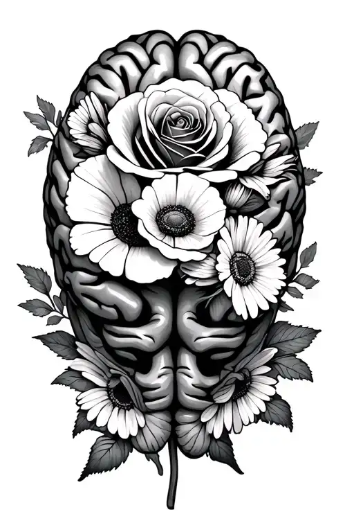 adhd brain symbol with rose, poppy and daisy flowers  tattoo design idea