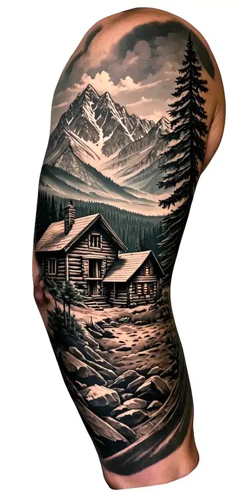 A detailed mountain landscape with a nestled cabin and a hidden hunting scene incorporated within the design tattoo design idea