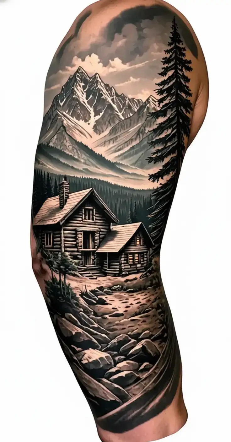 A detailed mountain landscape with a nestled cabin and a hidden hunting scene incorporated within the design tattoo design idea