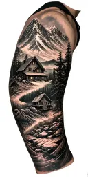 A detailed mountain landscape with a nestled cabin and a hidden hunting scene incorporated within the design tattoo design idea