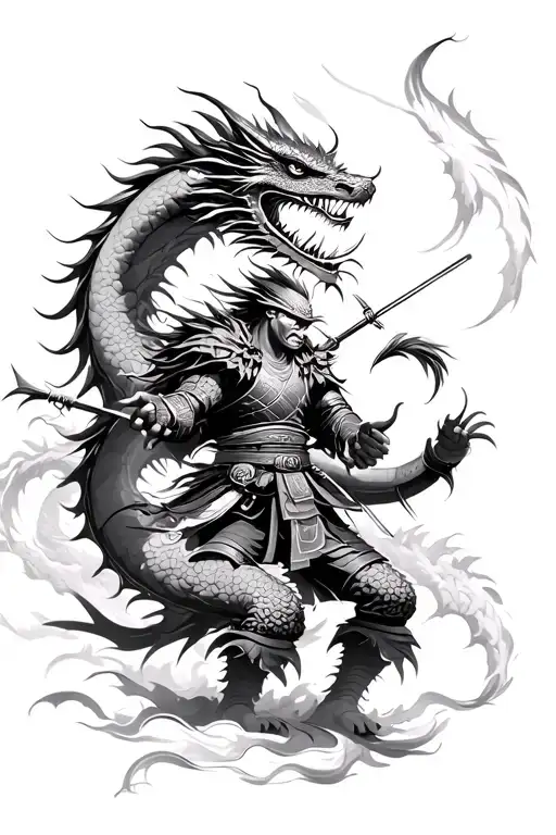 Samurai warrior fighting a dragon tattoo design idea