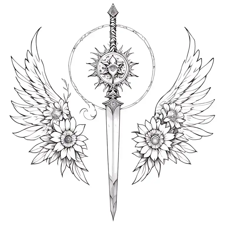 dagger intertwined with flowers and a sun and a moon. fairy wings either side of the dagger but not attached to it. tattoo design idea