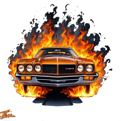 70s car set on fire tattoo design idea