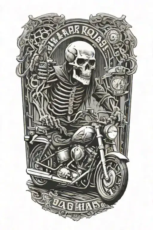 Railroad tracks circling the right side with one grim reaper skull and motorcycle engines tattoo design idea