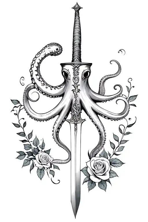 octopus tentacle and dagger and roses tattoo design idea