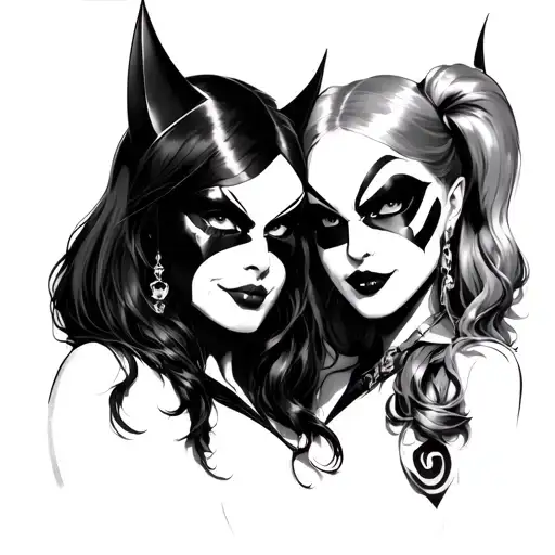 catwomen and harley quin comedy tragedy mask tattoo design idea