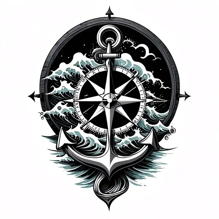 Nautical Star Compass anchor waves crashing in the background tattoo design idea