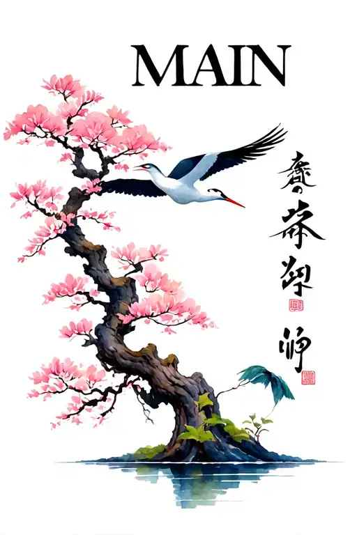 Masculine japanese tattoo says MAIN in cool Japanese font with smaller crane and a beautiful strong cherry blossom tree  tattoo design idea