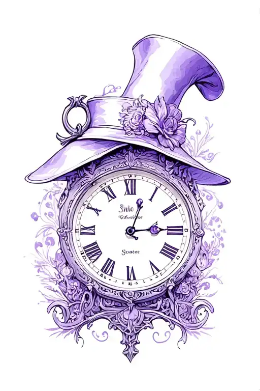 alice in wonderland hat clock purple tattoo design idea