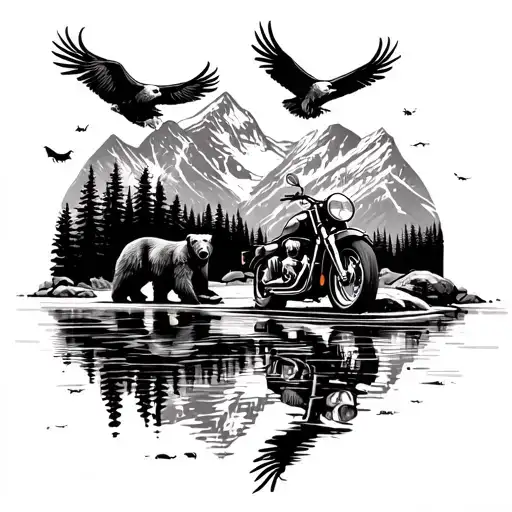 A serene mountain lake scene with a motorcycle cruising along the road, surrounded by wildlife like bears and eagles tattoo design idea