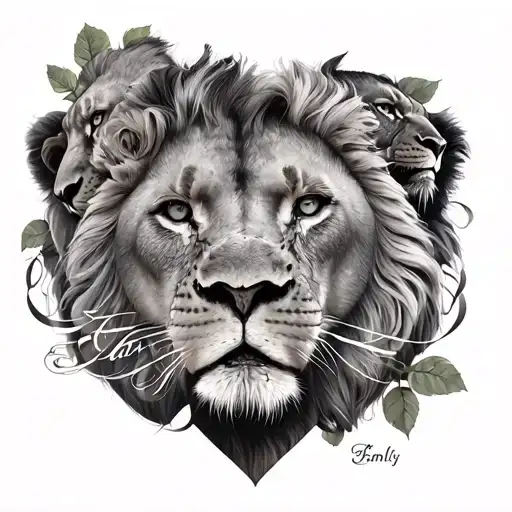 Rosa with the word family and 4 lions tattoo design idea