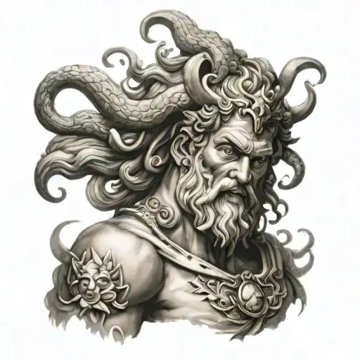 micro realistic Greek Mythology themed half sleeve tattoo with Zeus, Poseidon, Hades, Medusa, Altas, Hermes & Athena tattoo design idea
