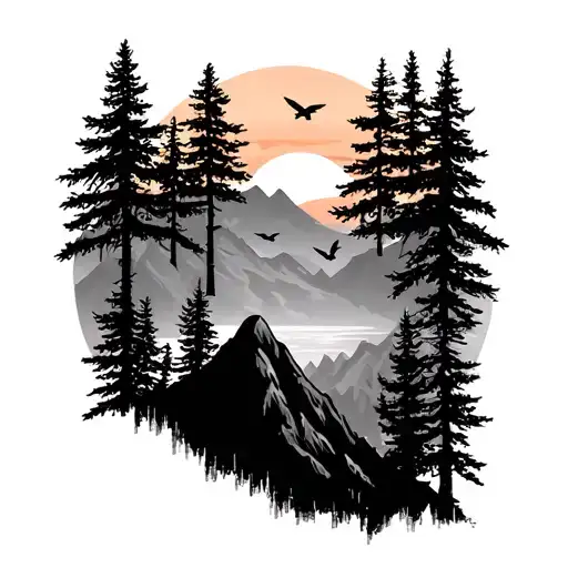 mountains with sunset and pinetrees and 2 birds tattoo design idea