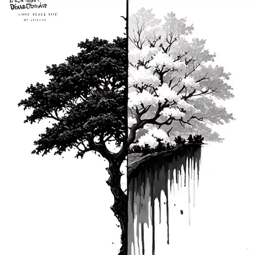 white cherry tree that is half dead and half alive tattoo design idea