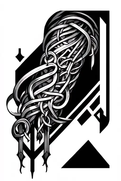 Tattoo type of sleeve, it should include patterns from geometric shapes, chains and Gothic runes. All must be in one tattoo design idea