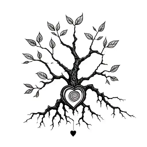 Cracked tree, sprouting branches, roots in rocks, 3 leaves, hanging heart, spiral on trunk, hidden scale tattoo design idea