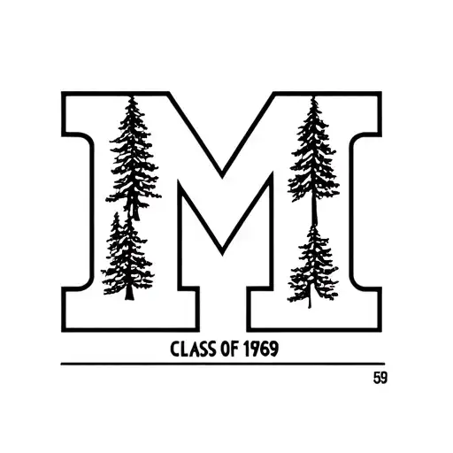 black and white university of michigan "M" incorporating pine trees and "Class of 1969" tattoo design idea