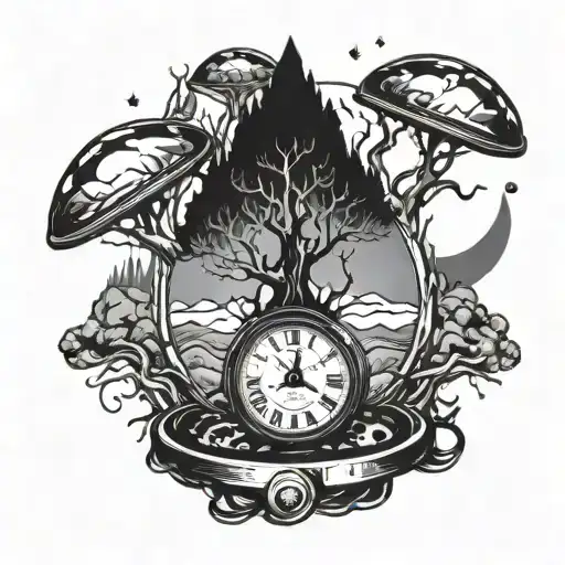 trash polka hand tattoo tree roots around an alien sand timer tattoo design idea