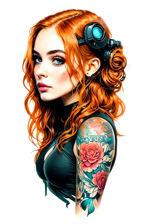 cyberpunk pin up girl, ginger tattoo design idea