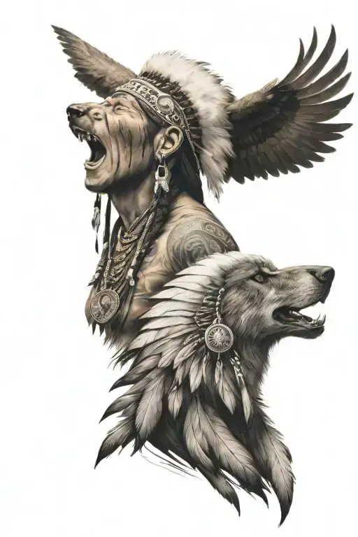 native american chef with long headress and wolf howling and bear and eagle  tattoo design idea