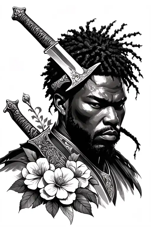 yasuke with sword and flowers tattoo design idea