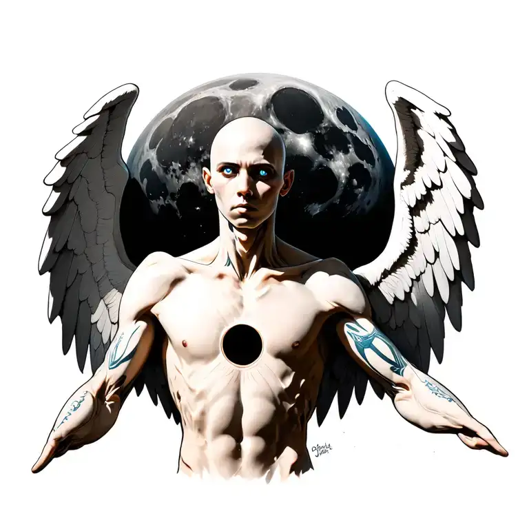 humanoid with wings spreading with dark moon as background, no hair, blue eyes, black hole in chest,  tattoo design idea