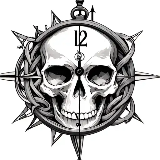 hourglass clock inside skull made compass intertwined tattoo design idea