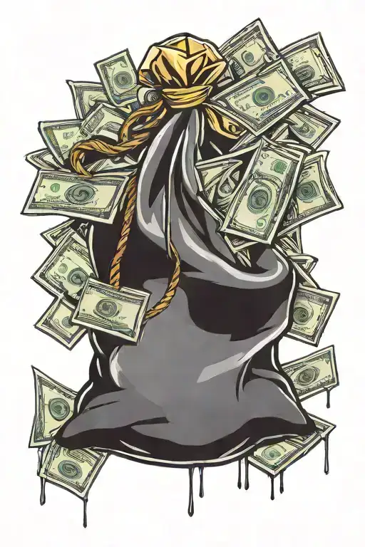 hand holding money bag full with money flying around tattoo design idea