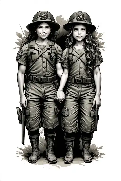 marine corps, protector, father and two daughters holding hands tattoo design idea