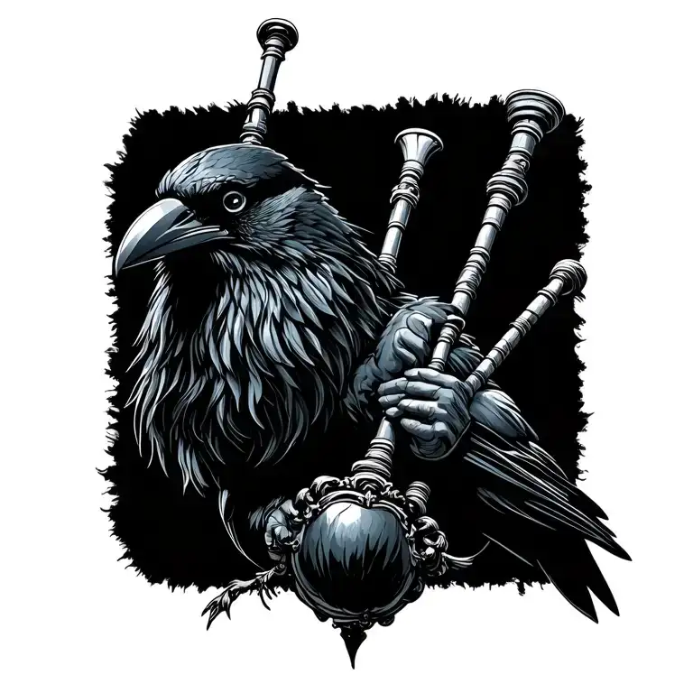  crow muscular with mans face bagpiper playing black bagpipes baldblack beard tattoo design idea