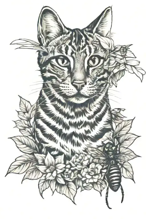 tabby cat with a cicada in her mouth tattoo design idea