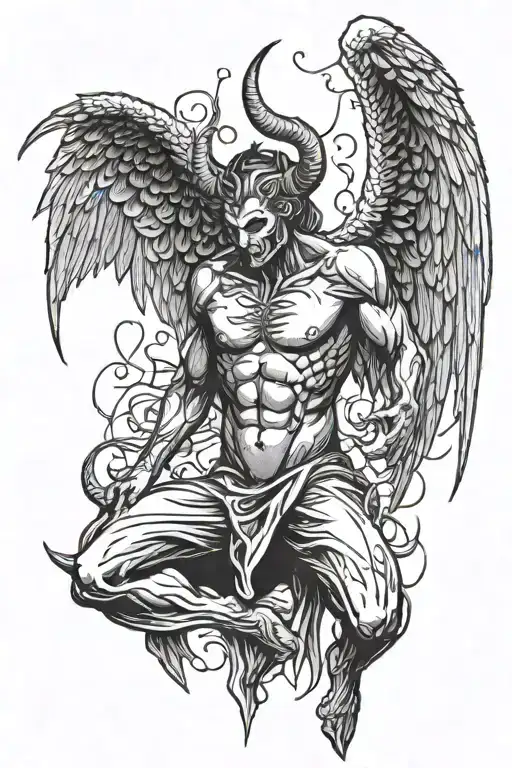 falling angel with devil wings from behind with horns on his head tattoo design idea