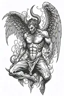 falling angel with devil wings from behind with horns on his head tattoo design idea