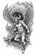 falling angel with devil wings from behind with horns on his head tattoo design idea