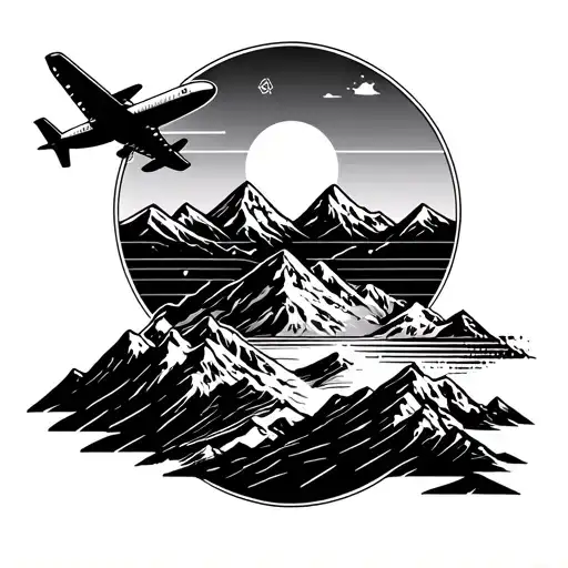 fine line mountains with heart rate line and airplane tattoo design idea