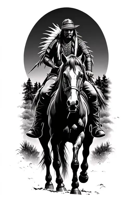 end of the trail native American warrior on horse riding tattoo design idea