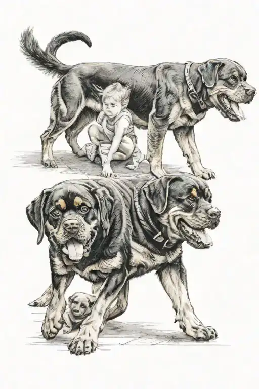 A detailed tattoo design showcasing a golden Rottweiler dog and two children playing together. tattoo design idea