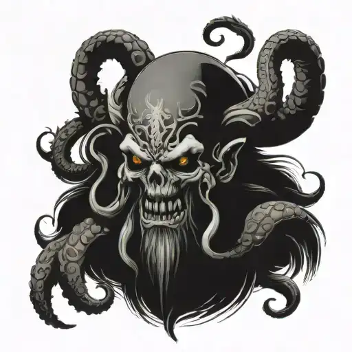 kraken with skull and krampus in the background  tattoo design idea