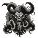 kraken with skull and krampus in the background  tattoo design idea