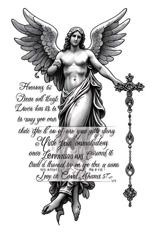 generate a lower leg tattoo idea for the bible verse 2 Corinthians 5:7 include an angel, a background, a rosary tattoo design idea
