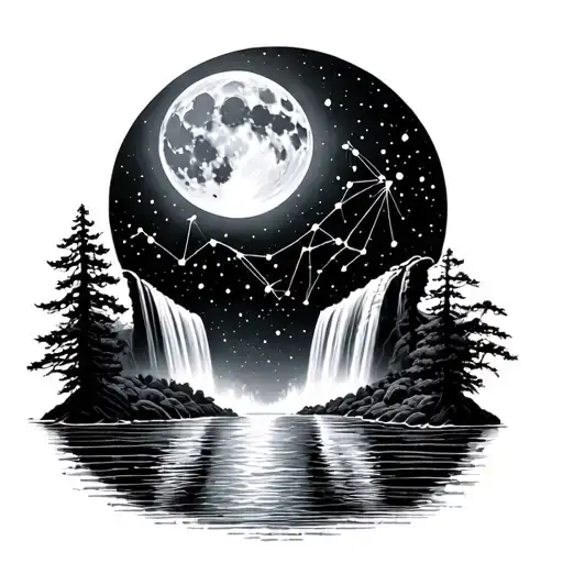 constellation zodiac sign: virgo leo pisces sagitarius, and The full moon, river waterfalls tattoo design idea