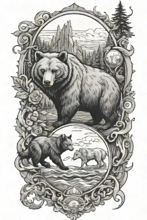 world and bear and wolf travel tattoo tattoo design idea